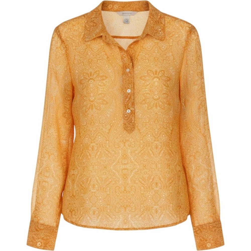 Banana Republic Mustard Yellow Paisley Roll Tab Sleeve Henley Blouse S